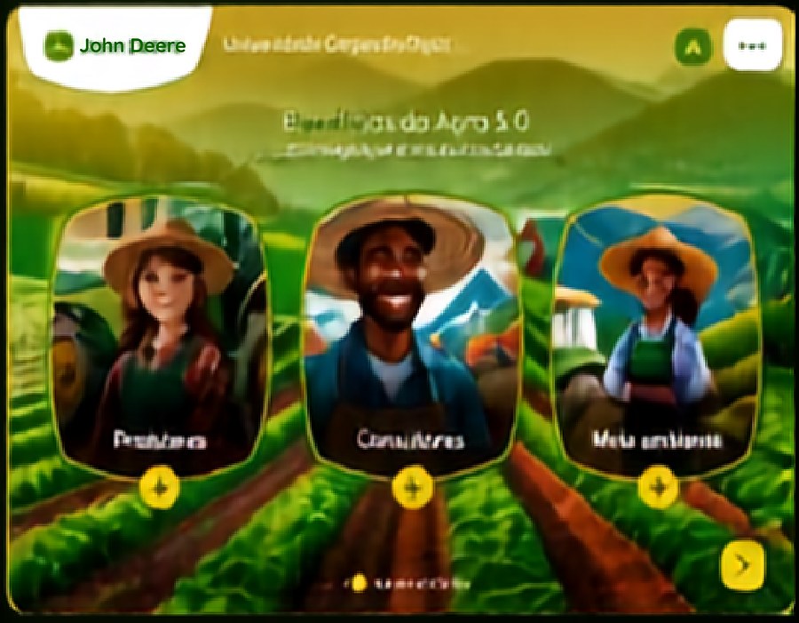 Tela interativa com três personagens: produtores, consultores e meio ambiente